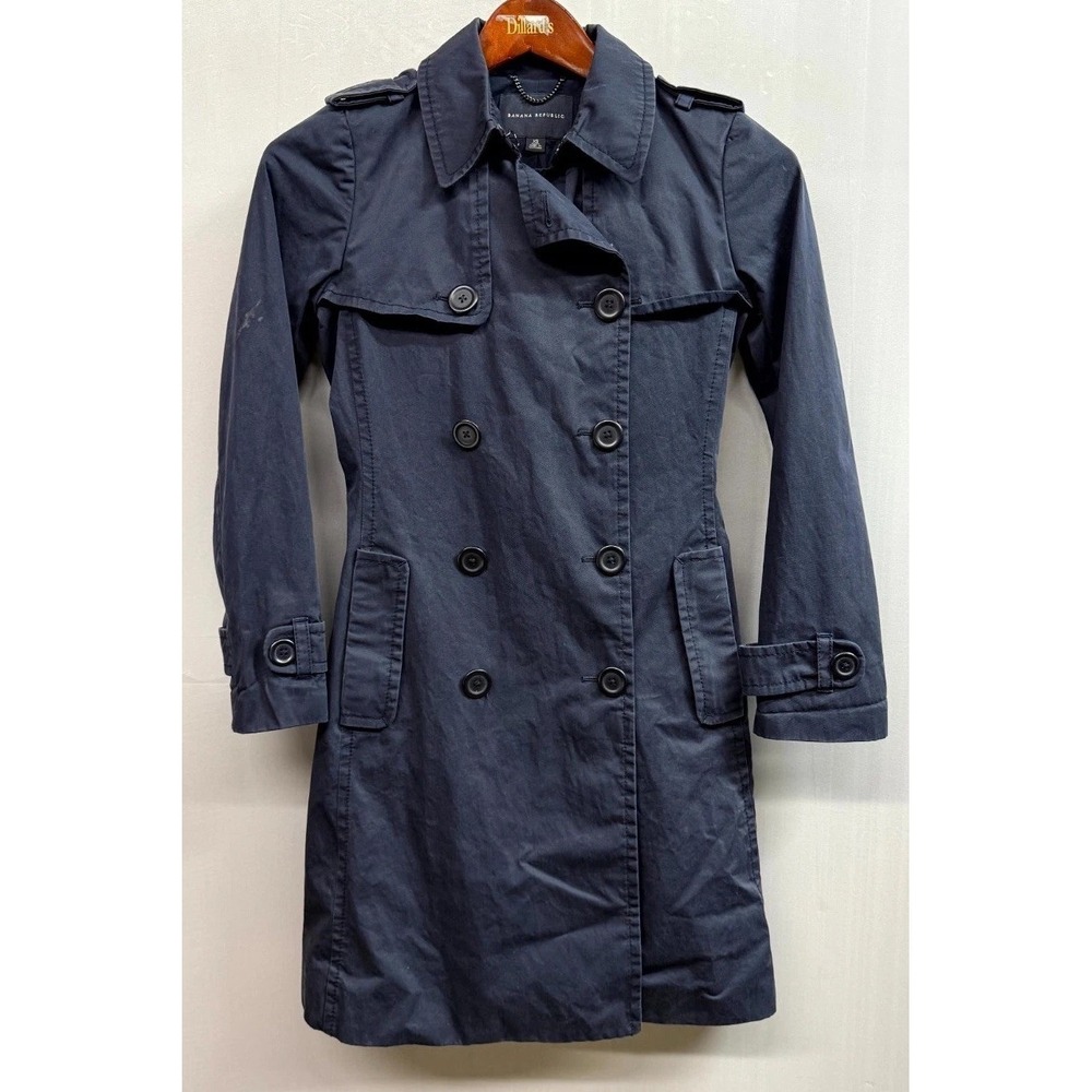 Banana Republic Trench Coat Womens XS Navy Cotton Double Breasted Shoulder Tabs